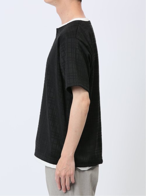 ふくれジャガード フェイクキーネック半袖Tシャツ