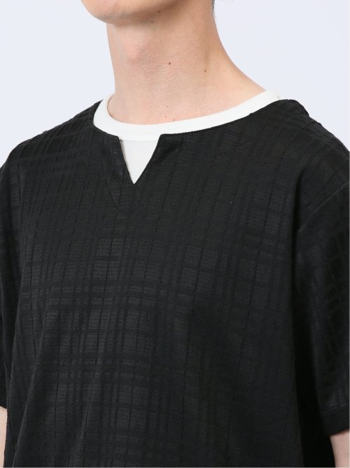 ふくれジャガード フェイクキーネック半袖Tシャツ