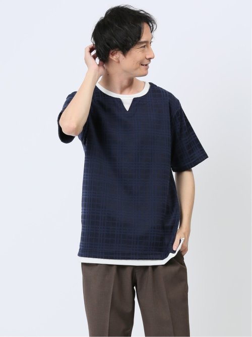 ふくれジャガード フェイクキーネック半袖Tシャツ