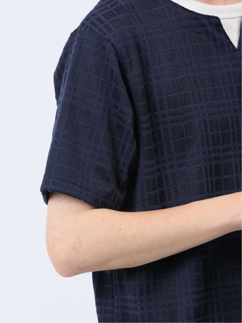 ふくれジャガード フェイクキーネック半袖Tシャツ