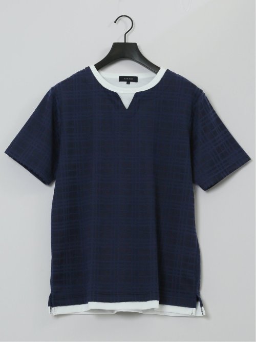 ふくれジャガード フェイクキーネック半袖Tシャツ