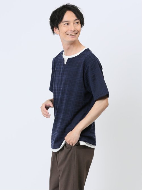 ふくれジャガード フェイクキーネック半袖Tシャツ