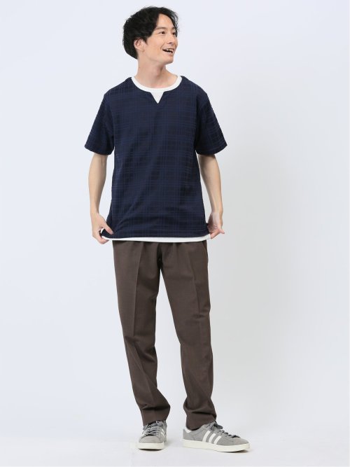 ふくれジャガード フェイクキーネック半袖Tシャツ