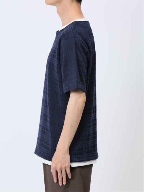 ふくれジャガード フェイクキーネック半袖Tシャツ