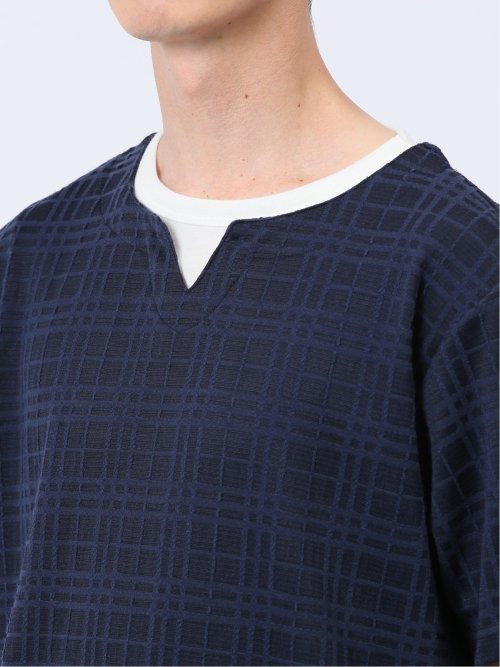 ふくれジャガード フェイクキーネック半袖Tシャツ