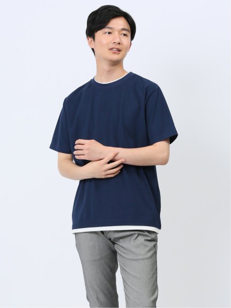 梨地 フェイククルーネック半袖Tシャツ