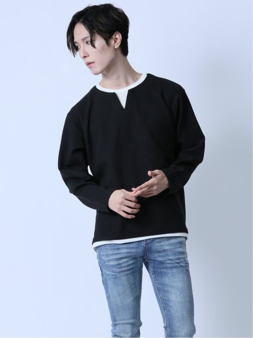 カルゼ 両面起毛 キーネック長袖Tシャツ