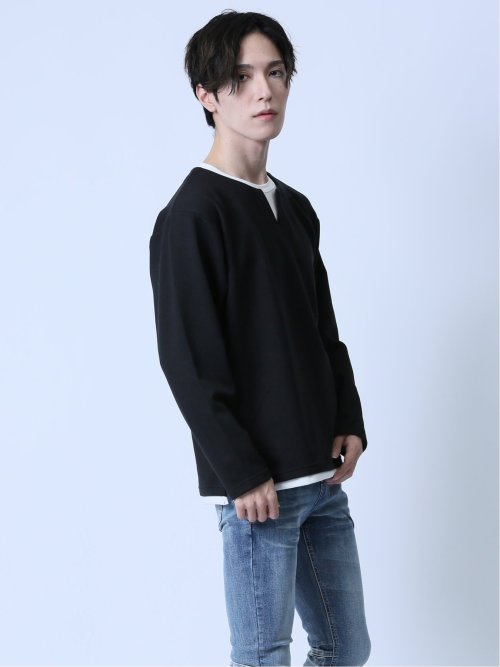 カルゼ 両面起毛 キーネック長袖Tシャツ