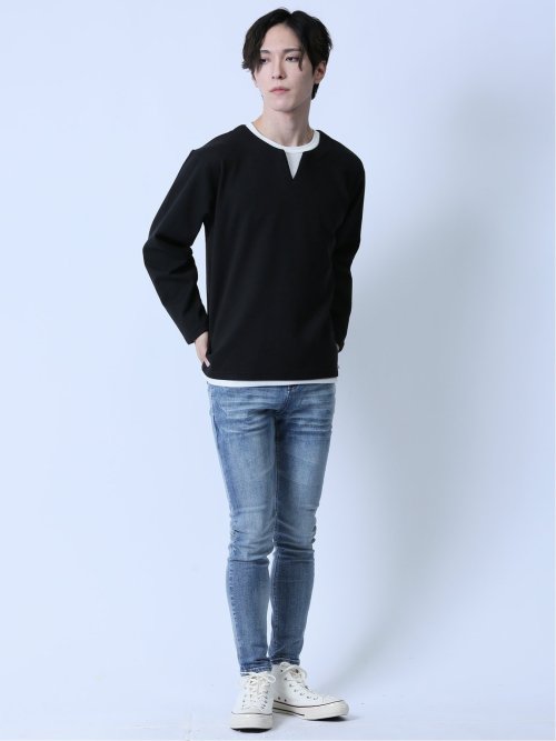 カルゼ 両面起毛 キーネック長袖Tシャツ