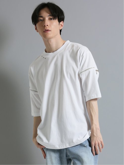 袖ファスナー クルーネック半袖ルーズＴシャツ(M 01白): トップス