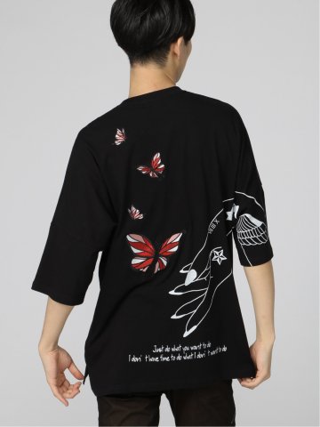 バタフライ刺繍 クルーネック 半袖BIGTシャツ