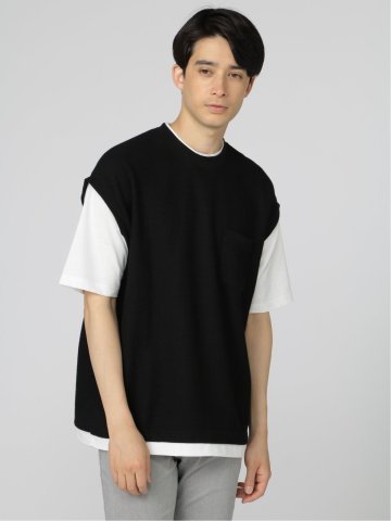 レイヤード風 クルーネック 半袖ルーズTシャツ