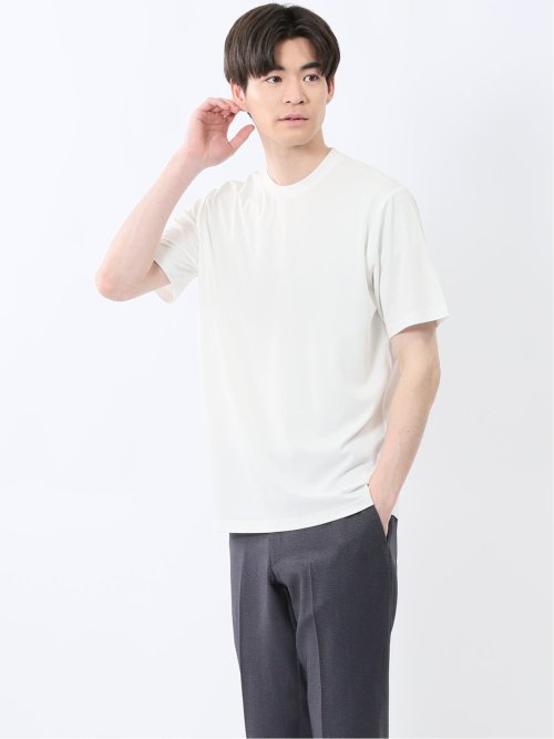 【DRESS T-SHIRT】レーヨン混ストレッチ スロープネック半袖Tシャツ