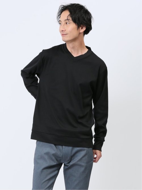 DRESS T-SHIRT】綿ストレッチ Vネック長袖Tシャツ(S 35こげ茶