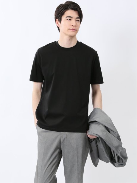 【DRESS T-SHIRT】綿ストレッチ スロープネック半袖Tシャツ