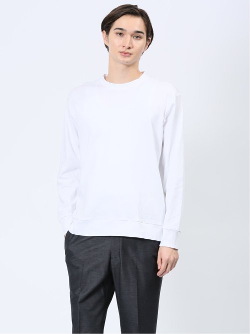 DRESS T-SHIRT】綿ストレッチ スロープネック長袖Tシャツ(S 01白