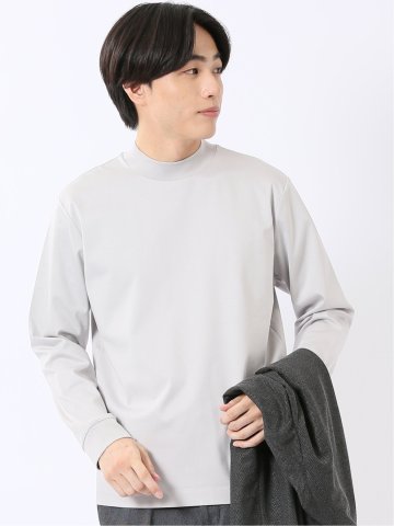 Tシャツ メンズ 長袖 ストレッチ UV 綿 コットン 無地 シルケット スムス モックネック ドレスT