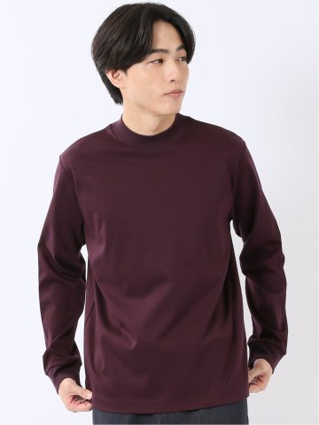 Tシャツ メンズ 長袖 ストレッチ UV 綿 コットン 無地 シルケット スムス モックネック ドレスT