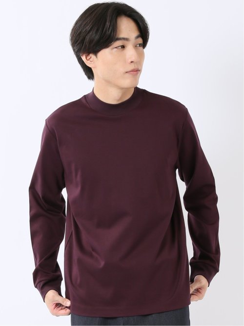 Tシャツ メンズ 長袖 ストレッチ UV 綿 コットン 無地 シルケット スムス モックネック ドレスT