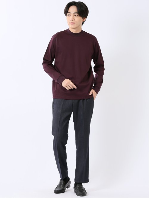 Tシャツ メンズ 長袖 ストレッチ UV 綿 コットン 無地 シルケット スムス モックネック ドレスT