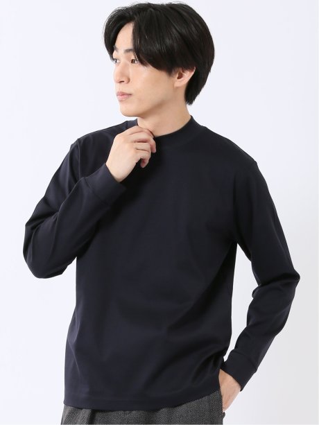 Tシャツ メンズ 長袖 ストレッチ UV 綿 コットン 無地 シルケット スムス モックネック ドレスT