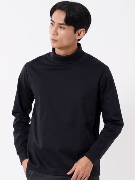 Tシャツ メンズ 長袖 ストレッチ 抗菌防臭 UV 綿 コットン 無地 シルケット スムス タートルネック ドレスT
