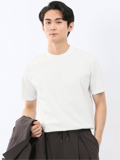ストレッチ 接触冷感 抗菌防臭 UV 綿100% コットン シルケットスムス 無地 スロープネック 半袖 Ｔシャツ ドレスT メンズ