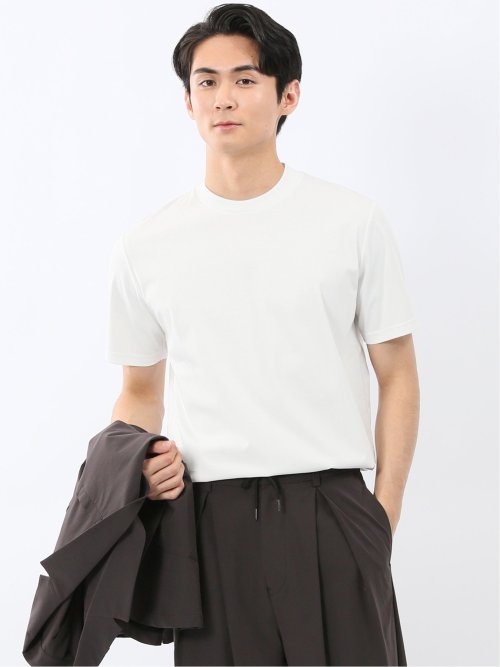 Tシャツ メンズ 半袖 ストレッチ 接触冷感 抗菌防臭 UV 綿 コットン 無地 シルケット スムス スロープネック ドレスT