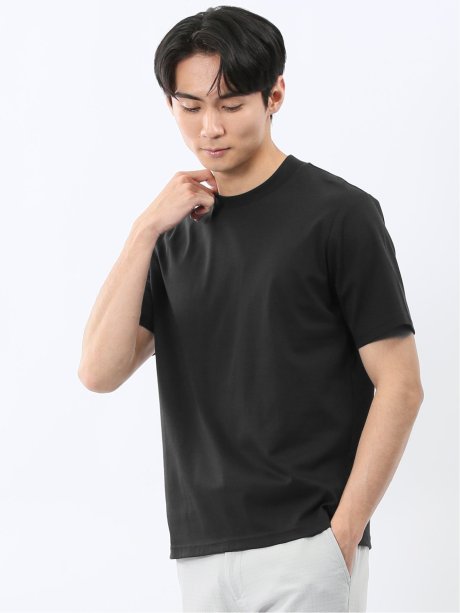 Tシャツ メンズ 半袖 ストレッチ 接触冷感 抗菌防臭 UV 綿 コットン 無地 シルケット スムス スロープネック ドレスT