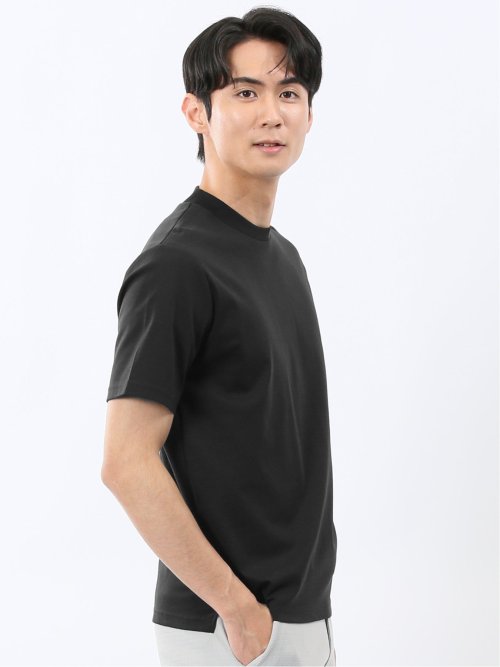Tシャツ メンズ 半袖 ストレッチ 接触冷感 抗菌防臭 UV 綿 コットン 無地 シルケット スムス スロープネック ドレスT