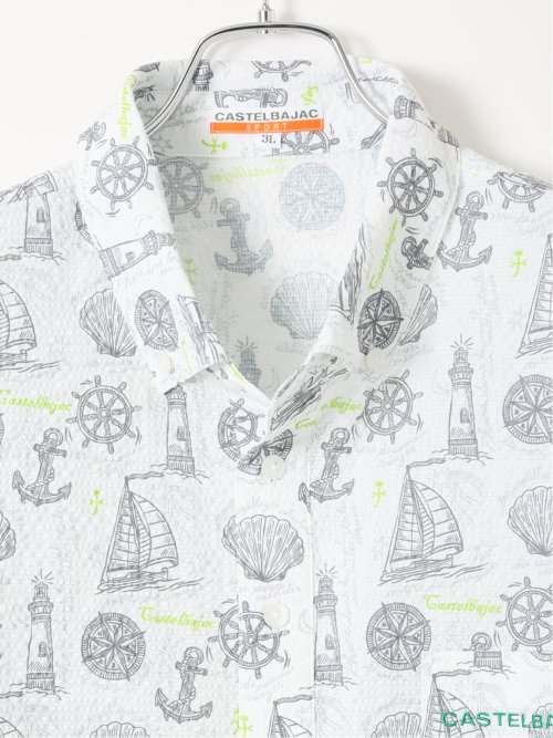 大きいサイズ カステルバジャック/CASTELBAJAC ストレッチ UVカットサッカー メッシュ 総柄 半袖 ポロシャツ メンズ