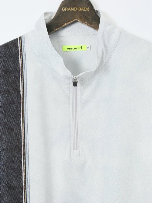 【大きいサイズ】ビバハート/VIVA HEART 撥水 デニムプリント ハーフジップ 半袖プルオーバー