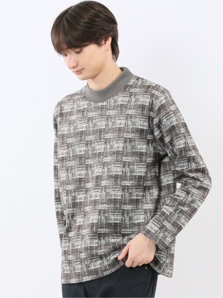 裏起毛チェック モックネック長袖Tシャツ
