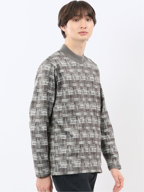 裏起毛チェック モックネック長袖Tシャツ