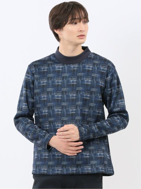 裏起毛チェック モックネック長袖Tシャツ