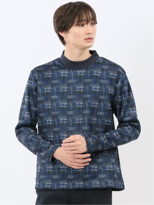 裏起毛チェック モックネック長袖Tシャツ