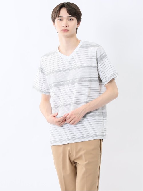 ポップコーンボーダー Vネック半袖Tシャツ