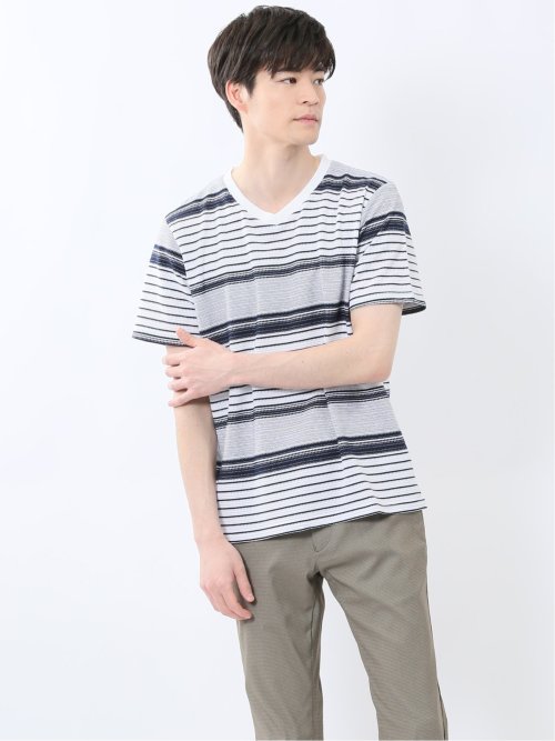 ポップコーンボーダー Vネック半袖Tシャツ