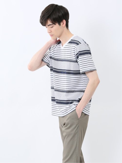 ポップコーンボーダー Vネック半袖Tシャツ