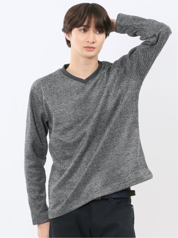 裏起毛ヘリンボン 浅Vネック長袖Tシャツ