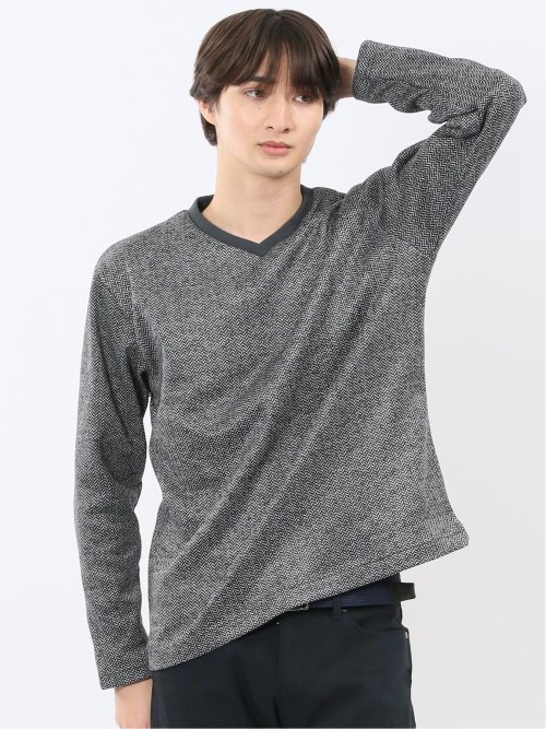 裏起毛ヘリンボン 浅Vネック長袖Tシャツ