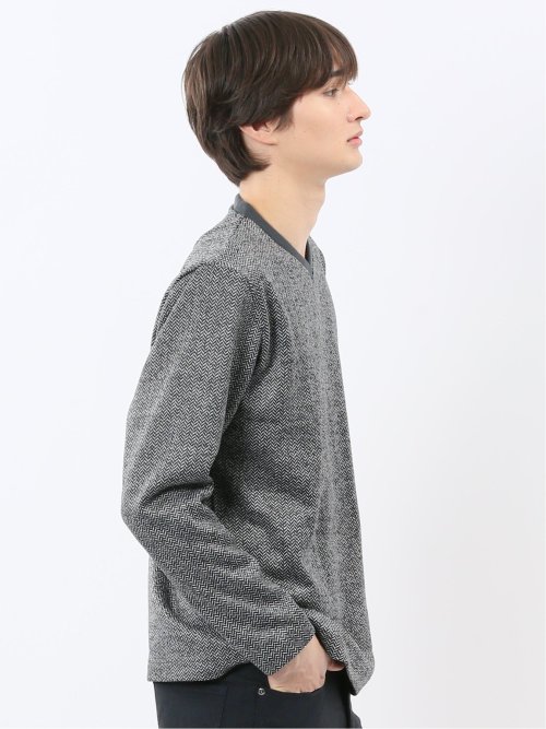 裏起毛ヘリンボン 浅Vネック長袖Tシャツ