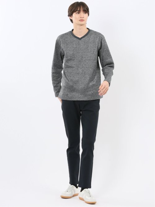 裏起毛ヘリンボン 浅Vネック長袖Tシャツ
