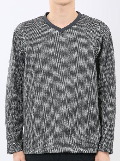 裏起毛ヘリンボン 浅Vネック長袖Tシャツ