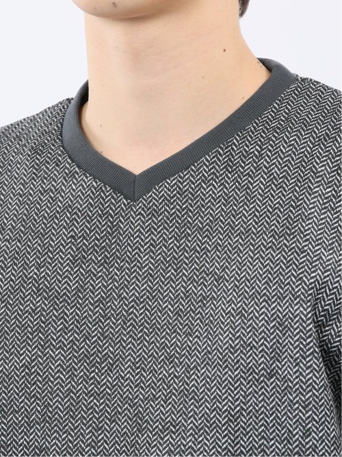 裏起毛ヘリンボン 浅Vネック長袖Tシャツ