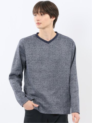 裏起毛ヘリンボン 浅Vネック長袖Tシャツ
