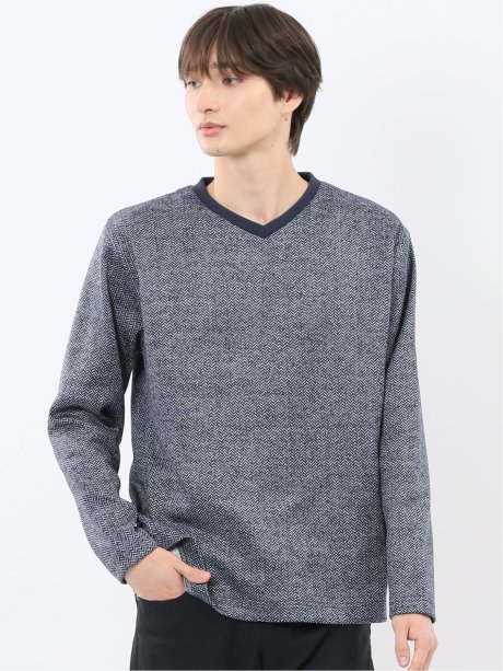 裏起毛ヘリンボン 浅Vネック長袖Tシャツ
