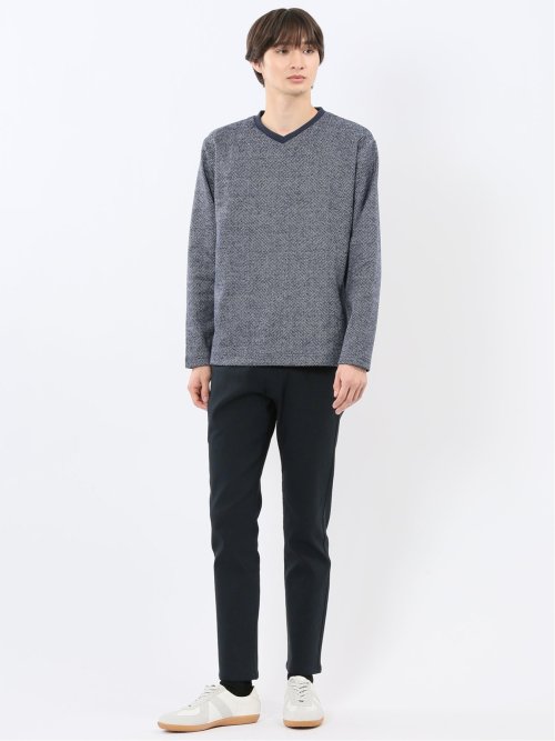 裏起毛ヘリンボン 浅Vネック長袖Tシャツ