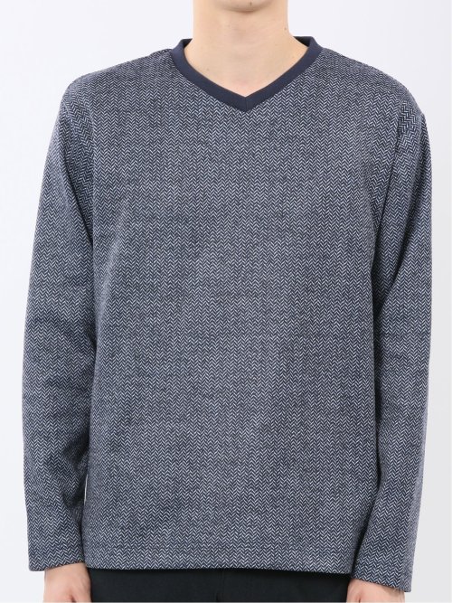 裏起毛ヘリンボン 浅Vネック長袖Tシャツ