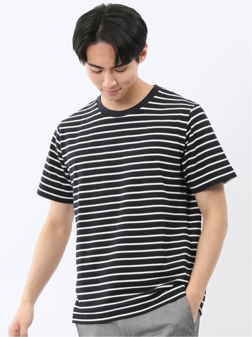 ストレッチ ボーダー クルーネック 半袖 Tシャツ